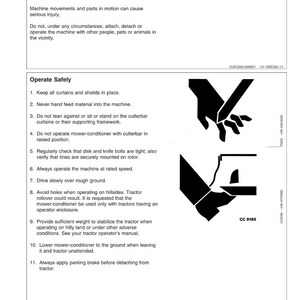 May include: A safety manual page with the title "Safety" and instructions for operating machinery safely. Includes illustrations of hands and machine parts, and warnings about potential injuries. The document is labeled with codes and numbers.