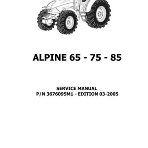 May include: Monochrome illustration of an Alpine 65-75-85 tractor. The image features the text "Alpine 65 - 75 - 85", "Service Manual", and the "Landini" logo. The tractor has large wheels and a cabin.
