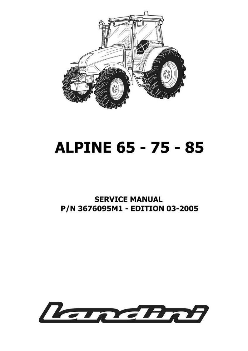 May include: Monochrome illustration of an Alpine 65-75-85 tractor. The image features the text "Alpine 65 - 75 - 85", "Service Manual", and the "Landini" logo. The tractor has large wheels and a cabin.