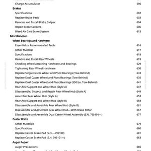 K&ouml;nnte beinhalten: Eine Seite aus einem Handbuch mit einer Liste von Spezifikationen und Verfahren, einschlie&szlig;lich Bremsenwartung, Radlagerhardware und Schneckenreparatur. Der Text enth&auml;lt Artikelnummern und Abschnittstitel.