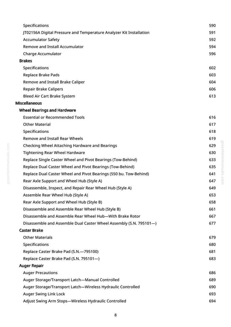 K&ouml;nnte beinhalten: Eine Seite aus einem Handbuch mit einer Liste von Spezifikationen und Verfahren, einschlie&szlig;lich Bremsenwartung, Radlagerhardware und Schneckenreparatur. Der Text enth&auml;lt Artikelnummern und Abschnittstitel.