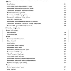 May include: A page from a manual with a table of contents. The text includes sections on cylinders, bale forming components, pickup, and packer. Page numbers are listed on the right side.