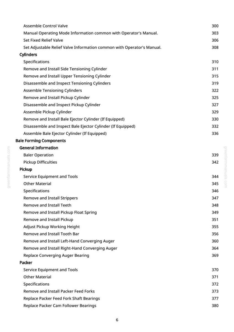 May include: A page from a manual with a table of contents. The text includes sections on cylinders, bale forming components, pickup, and packer. Page numbers are listed on the right side.