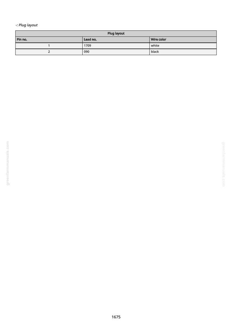May include: A table titled "Plug layout" with details on pin numbers, lead numbers, and wire colors. The table shows pin 1 with lead number 1709 and white wire, and pin 2 with lead number 090 and black wire. The text "greenfarmmanuals.com" is visible.