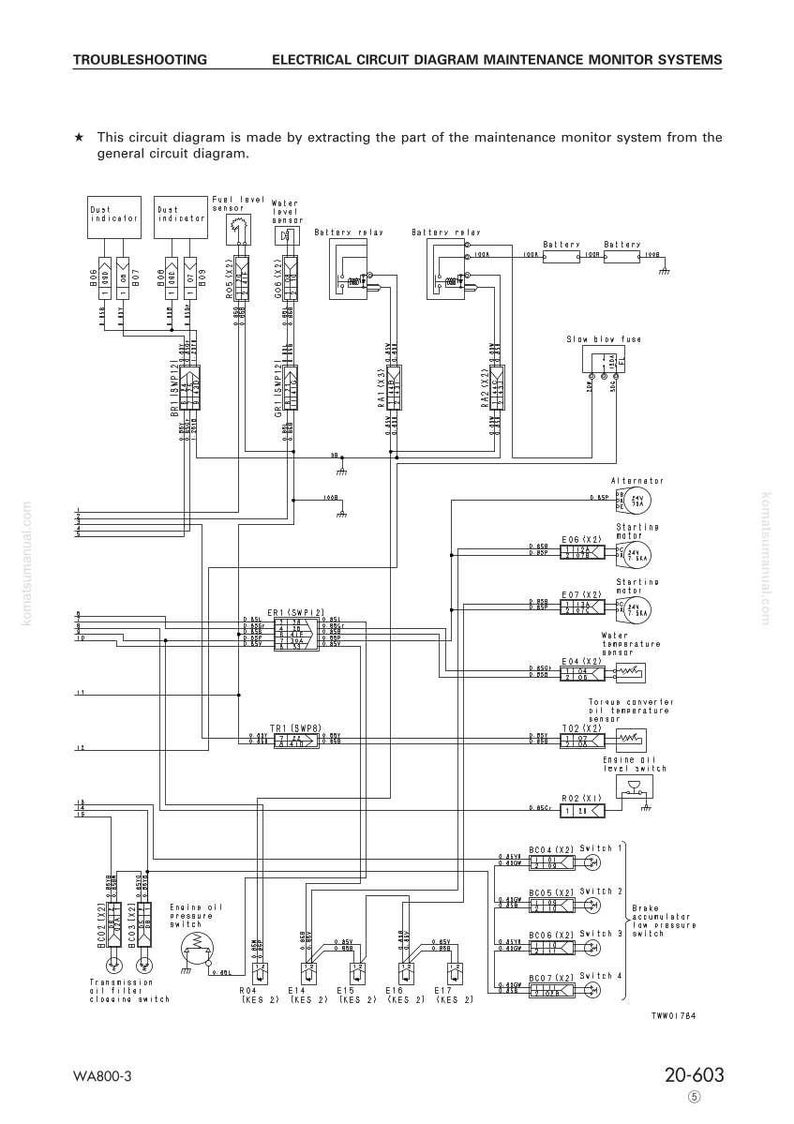 Może przedstawiać: Szczeg&oacute;łowy schemat elektryczny system&oacute;w monitorowania konserwacji, z elementami takimi jak przekaźniki, czujniki i przełączniki. Schemat jest czarno-biały, z etykietami tekstowymi.