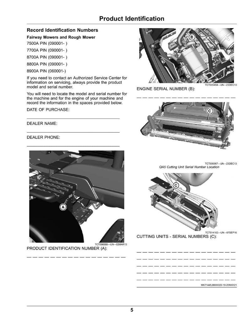 May include: A product identification guide for fairway mowers and rough mowers. The page includes diagrams showing the location of engine and cutting unit serial numbers. Text includes model numbers and spaces to record purchase details.