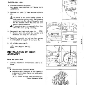 May include: Technical diagram detailing the disassembly and assembly of an idler assembly. Includes step-by-step instructions with illustrations, measurements in millimeters, and a weight of approximately 200 kg.