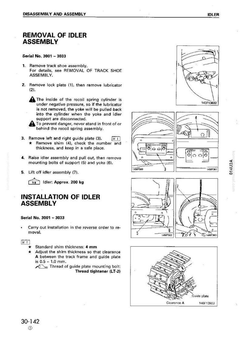 May include: Technical diagram detailing the disassembly and assembly of an idler assembly. Includes step-by-step instructions with illustrations, measurements in millimeters, and a weight of approximately 200 kg.