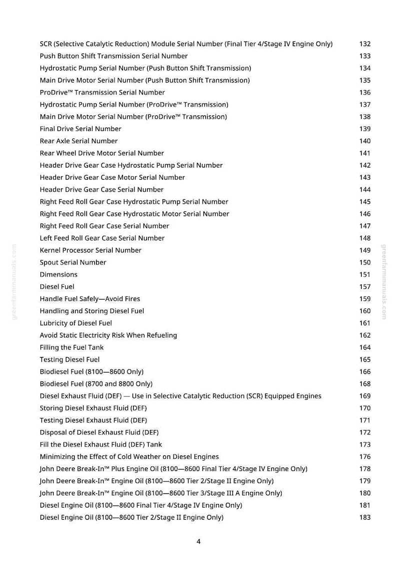 May include: A detailed list of technical specifications and serial numbers for agricultural machinery, including components like transmissions, pumps, and engine oils. The document also covers safety guidelines for handling diesel fuel and related fluids.