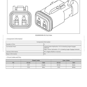 May include: Diagram of an electrical connector with two pins, labeled "RXA0085698-UN: End View." The diagram includes a table with circuit codes and pin colors, such as purple and blue.
