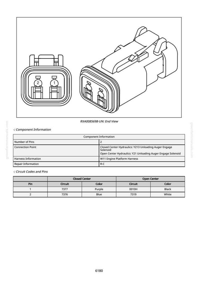 May include: Diagram of an electrical connector with two pins, labeled "RXA0085698-UN: End View." The diagram includes a table with circuit codes and pin colors, such as purple and blue.