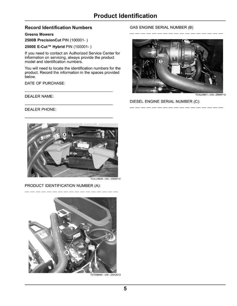 May include: A product identification document for Greens Mowers. The document includes sections for recording identification numbers, including the date of purchase, dealer name, and dealer phone. It also features images of engine components.