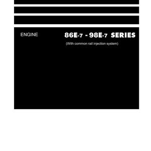 May include: A white and black shop manual with the text "Shop Manual" at the top. The manual includes the text "ENGINE" and "86E-7 - 98E-7 SERIES" with the text "(With common rail injection system)". The Komatsu logo is at the bottom.