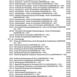 May include: A detailed table of contents in German, listing various components and systems for a machine or vehicle, including Klimaanlage, Heizung, and Hydraulikanlage. The text is in black font on a white background.