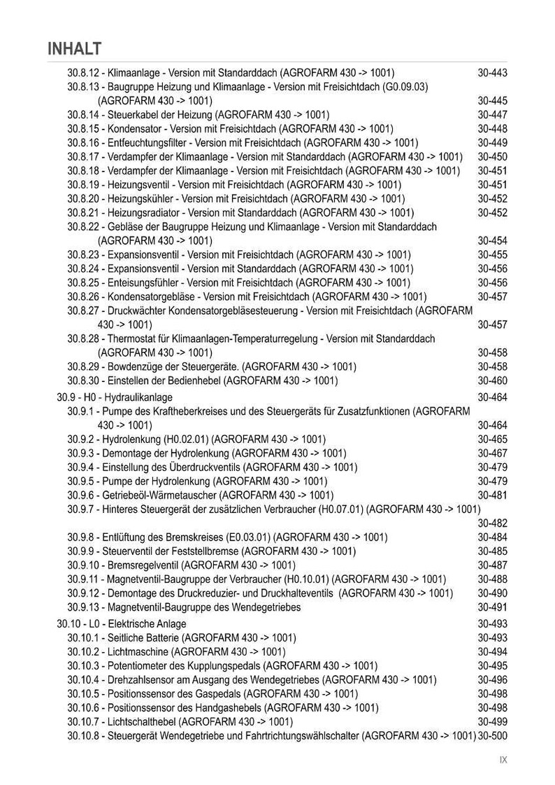 May include: A detailed table of contents in German, listing various components and systems for a machine or vehicle, including Klimaanlage, Heizung, and Hydraulikanlage. The text is in black font on a white background.