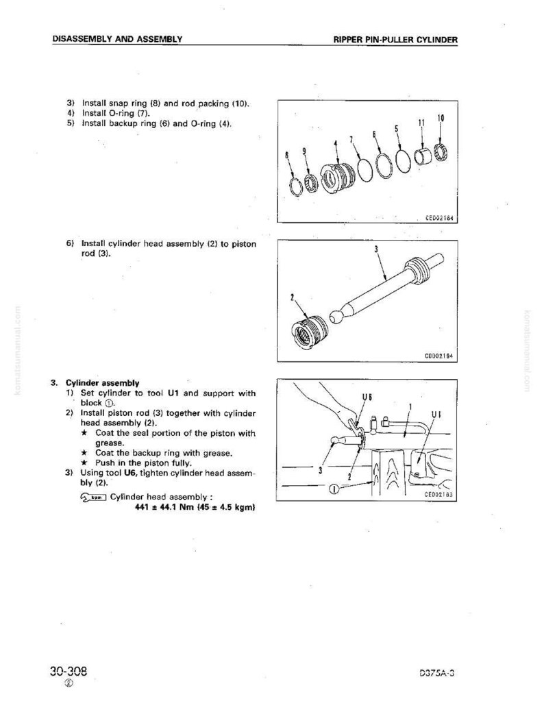 May include: Diagram illustrating the disassembly and assembly of a ripper pin-puller cylinder. The image shows various components, including snap rings, O-rings, and piston rods, with measurements in Newton metres and kilogram-metres.