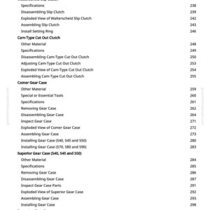 May include: A detailed table of contents from a manual, featuring various mechanical components like clutches and gear cases. The text is black on a white background, with page numbers listed on the right. The manual's website is visible.