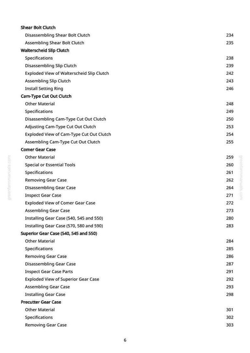 May include: A detailed table of contents from a manual, featuring various mechanical components like clutches and gear cases. The text is black on a white background, with page numbers listed on the right. The manual's website is visible.