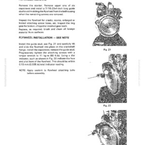K&ouml;nnte beinhalten: Eine Seite aus einem Handbuch mit detaillierten Verfahren f&uuml;r Kurbelwelle, Glockengeh&auml;use und Schwungrad. Enth&auml;lt Textanweisungen f&uuml;r den Aus- und Einbau des Schwungrads sowie Diagramme mit der Bezeichnung Abb. 21, Abb. 22 und Abb. 23. Die Ma&szlig;e sind in Zoll und Pfund angegeben.