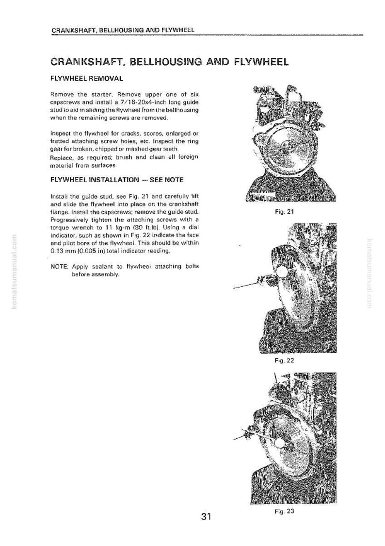 K&ouml;nnte beinhalten: Eine Seite aus einem Handbuch mit detaillierten Verfahren f&uuml;r Kurbelwelle, Glockengeh&auml;use und Schwungrad. Enth&auml;lt Textanweisungen f&uuml;r den Aus- und Einbau des Schwungrads sowie Diagramme mit der Bezeichnung Abb. 21, Abb. 22 und Abb. 23. Die Ma&szlig;e sind in Zoll und Pfund angegeben.