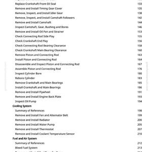 May include: A page from a repair manual detailing engine repair procedures. The text includes terms such as "Cylinder Head", "Crankshaft", and "Fuel System". The page number is visible at the bottom.