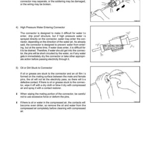Op de afbeelding: Pagina uit een probleemoplossingsgids met diagrammen. Bevat instructies over draadverbindingen, hogedrukwaterconnectoren en olie of vuil in connectoren. De pagina bevat tekst en illustraties.