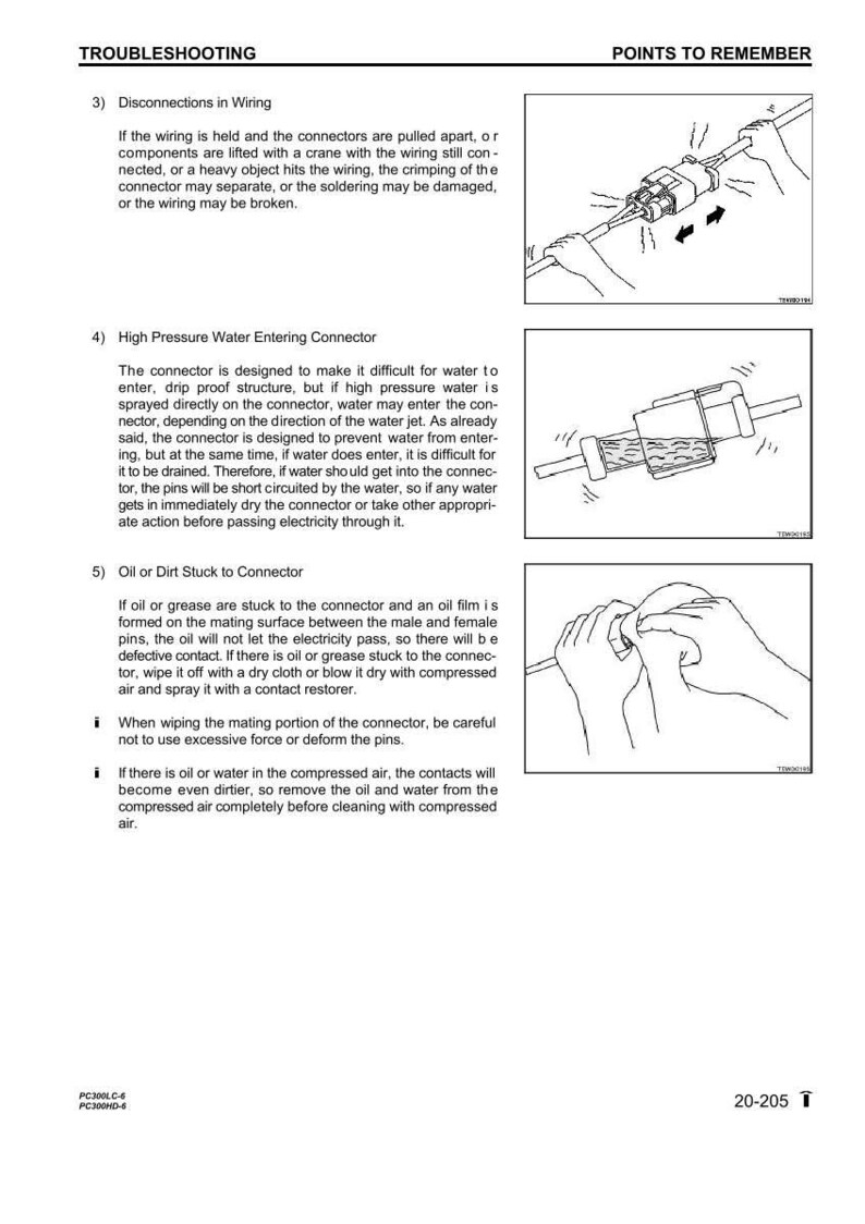 Op de afbeelding: Pagina uit een probleemoplossingsgids met diagrammen. Bevat instructies over draadverbindingen, hogedrukwaterconnectoren en olie of vuil in connectoren. De pagina bevat tekst en illustraties.