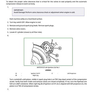 May include: Diagram illustrating valve clearance adjustment for an engine. The image includes text instructions, a labeled diagram of engine components, and a warning about potential damage. The text reads "Adjust Valve Clearance".