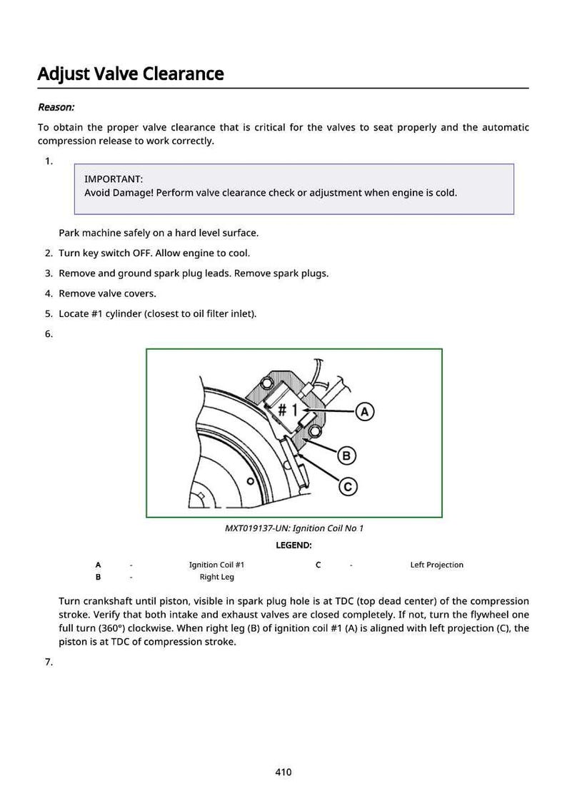 May include: Diagram illustrating valve clearance adjustment for an engine. The image includes text instructions, a labeled diagram of engine components, and a warning about potential damage. The text reads "Adjust Valve Clearance".
