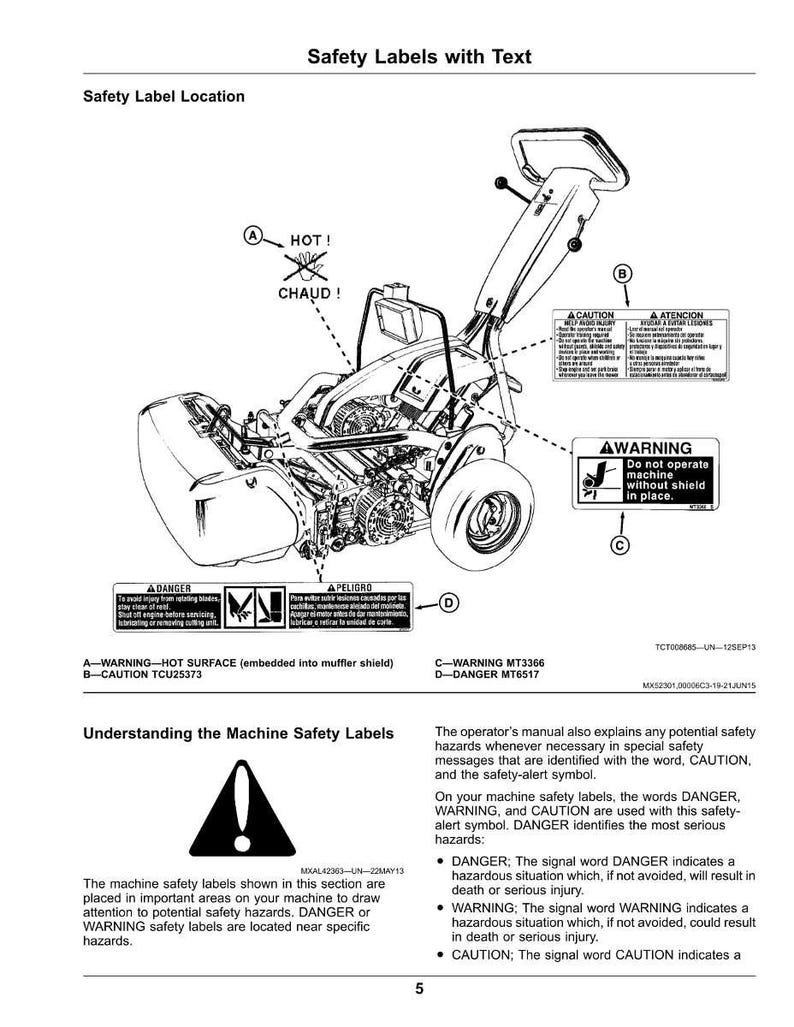 Puede incluir: Diagrama de una m&aacute;quina quitanieves con etiquetas de seguridad. Las etiquetas incluyen advertencias sobre superficies calientes, posibles lesiones y la necesidad de operar la m&aacute;quina con la protecci&oacute;n en su lugar. El texto incluye "PELIGRO", "ADVERTENCIA" y "PRECAUCI&Oacute;N".