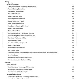 Puede incluir: Una p&aacute;gina blanca con una tabla de contenidos en texto negro. El documento presenta informaci&oacute;n de seguridad, incluyendo la prevenci&oacute;n de explosiones y quemaduras por &aacute;cidos. Otras secciones detallan los n&uacute;meros de serie y los pares de apriete para el hardware.
