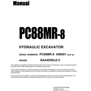 Puede incluir: Un manual de taller blanco con texto negro. El t&iacute;tulo dice "Shop Manual" encima de "PC88MR-8 HYDRAULIC EXCAVATOR". Incluye n&uacute;meros de serie y detalles del motor. Copyright 2010 Komatsu.