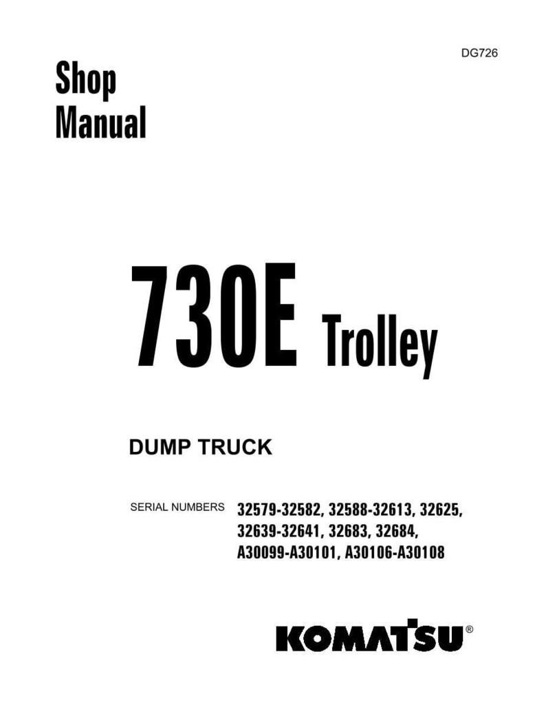 May include: A white Shop Manual cover with black text. The title reads "730E Trolley" and "DUMP TRUCK". Serial numbers and the Komatsu logo are also visible. The document is labeled DG726.