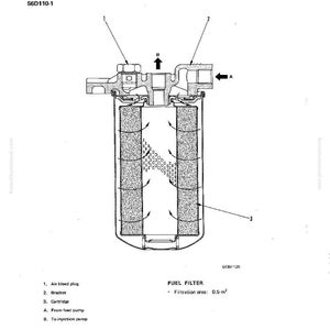 Puede incluir: Diagrama t&eacute;cnico de un filtro de combustible, etiquetado como "FUEL FILTER" y "S6D110-1". El diagrama muestra los componentes internos, incluyendo el purgador de aire, el soporte y el cartucho. &Aacute;rea de filtraci&oacute;n: 0,5 m&sup2;.