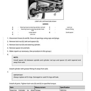 May include: Diagram illustrating the process to remove and install a steering cylinder. The image includes a detailed diagram of the steering system, labeled parts, and step-by-step instructions. The text includes torque specifications in pound-feet.