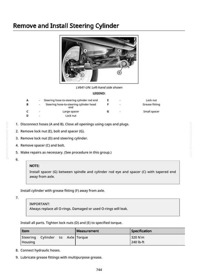 May include: Diagram illustrating the process to remove and install a steering cylinder. The image includes a detailed diagram of the steering system, labeled parts, and step-by-step instructions. The text includes torque specifications in pound-feet.