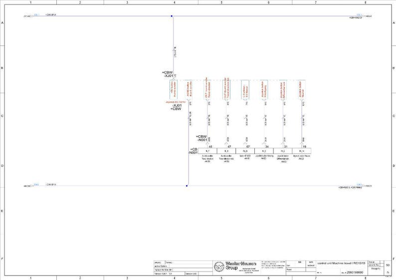 Puede incluir: Un diagrama t&eacute;cnico con l&iacute;neas, s&iacute;mbolos y texto. El diagrama incluye etiquetas como "+CBW -XJ01T" y "+CRW -N001". La esquina inferior derecha muestra el logotipo de "Weidm&uuml;ller Group" y los detalles del documento.