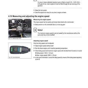 May include: A page from a Wacker Neuson engine manual detailing engine speed measurement and adjustment. Includes diagrams of engine parts and a manual tachometer. Text provides engine speed specifications and warnings.