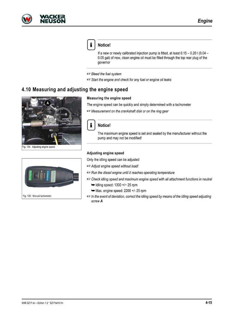 May include: A page from a Wacker Neuson engine manual detailing engine speed measurement and adjustment. Includes diagrams of engine parts and a manual tachometer. Text provides engine speed specifications and warnings.