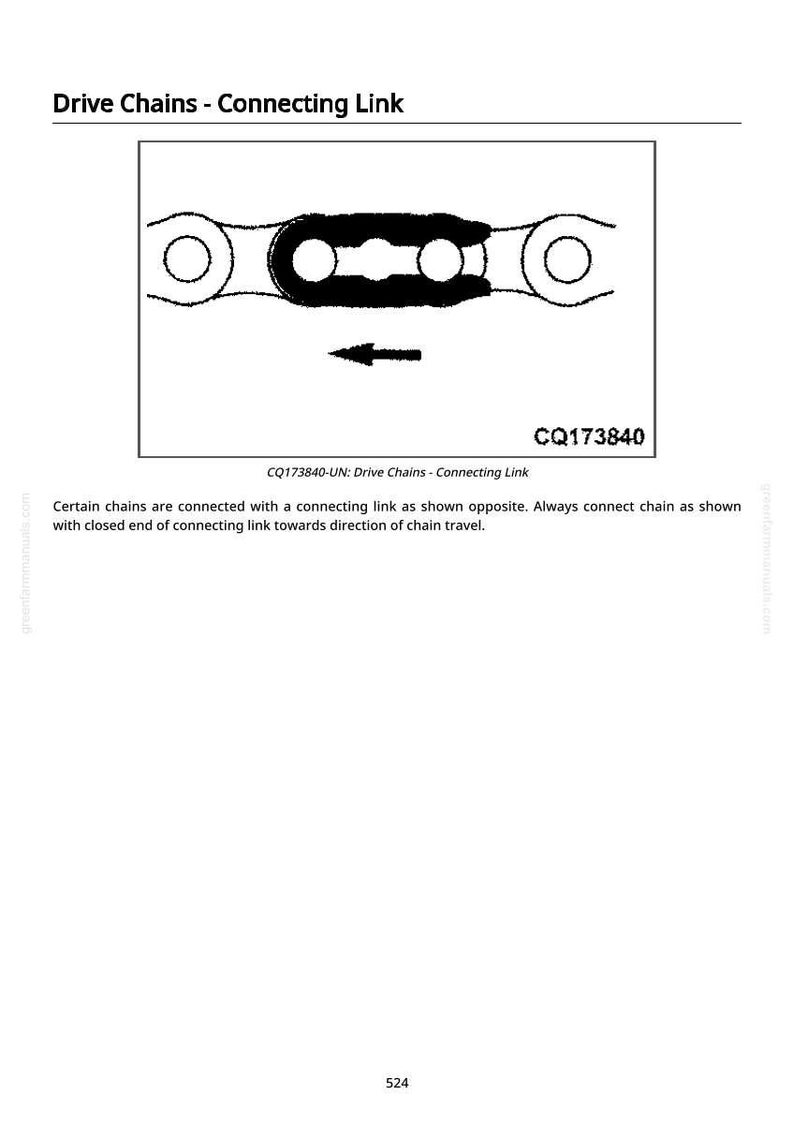May include: Diagram of a drive chain connecting link, with the text "Drive Chains - Connecting Link" at the top. The image includes an arrow indicating the direction of chain travel and the code CQ173840.