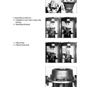 May include: Technical diagrams illustrating the assembly of a wheel hub, including the installation of outer races of taper roller bearings, bearing assembly, seal fitting, and wheel stud fitting. The image includes text labels and part numbers.