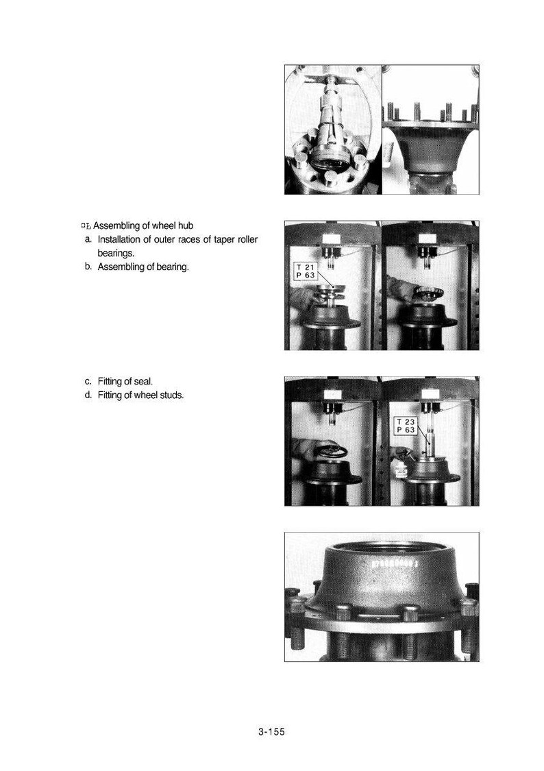 May include: Technical diagrams illustrating the assembly of a wheel hub, including the installation of outer races of taper roller bearings, bearing assembly, seal fitting, and wheel stud fitting. The image includes text labels and part numbers.