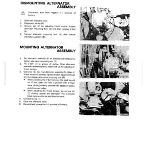 K&ouml;nnte beinhalten: Eine schwarz-wei&szlig;e Seite aus einem technischen Handbuch, die die Demontage und Montage eines Lichtmaschinenaggregats beschreibt. Die Seite enth&auml;lt Diagramme und nummerierte Anweisungen, sowie Warnhinweise und Spezifikationen. Der Text ist klar und pr&auml;zise.