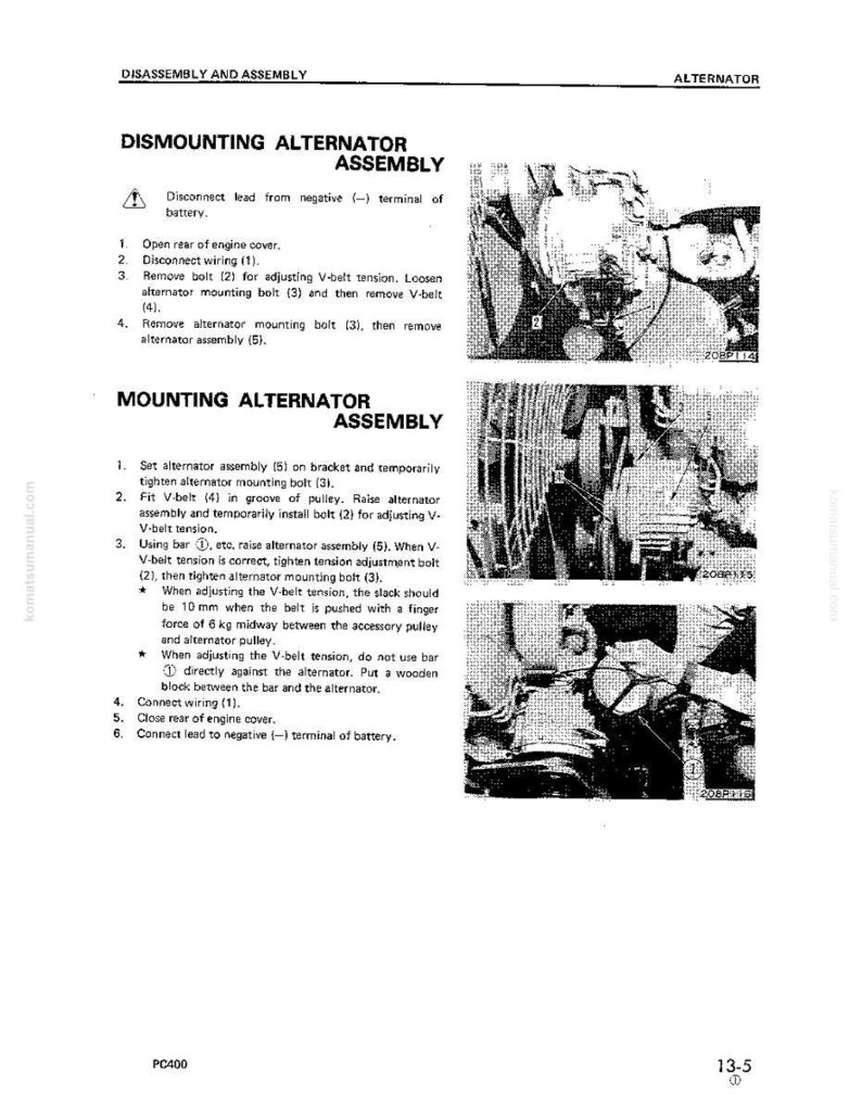 K&ouml;nnte beinhalten: Eine schwarz-wei&szlig;e Seite aus einem technischen Handbuch, die die Demontage und Montage eines Lichtmaschinenaggregats beschreibt. Die Seite enth&auml;lt Diagramme und nummerierte Anweisungen, sowie Warnhinweise und Spezifikationen. Der Text ist klar und pr&auml;zise.