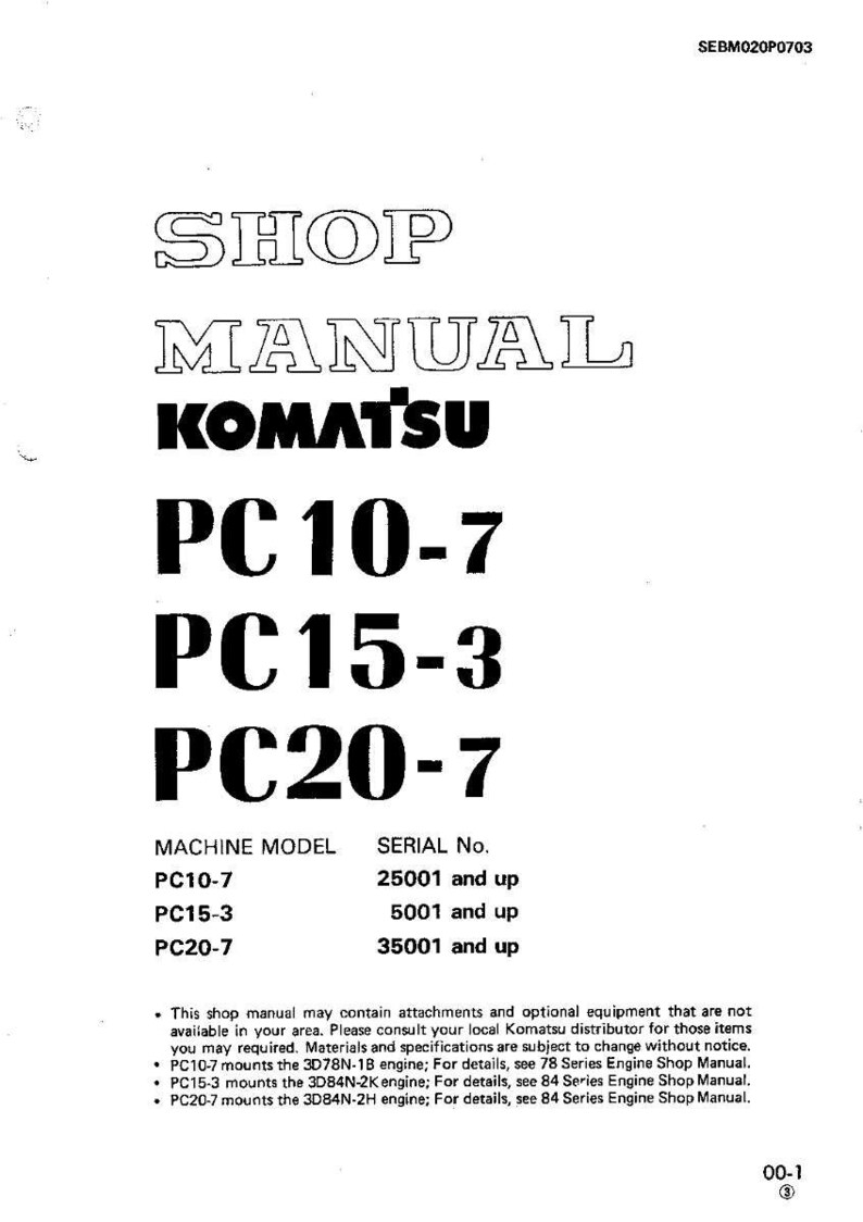 Pode incluir: Um manual de oficina branco com o texto "SHOP MANUAL KOMATSU PC 10-7 PC15-3 PC20-7". O manual inclui informa&ccedil;&otilde;es sobre o modelo da m&aacute;quina e o n&uacute;mero de s&eacute;rie. O logotipo da Komatsu &eacute; preto.