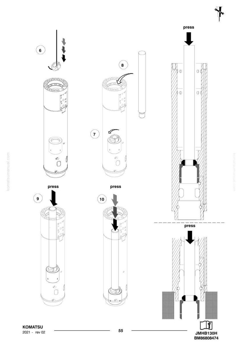 May include: An exploded diagram of a Komatsu JMHB130H component, showing assembly steps with arrows indicating "press" actions. The diagram includes numbered parts and a cross-sectional view for clarity. Text includes "KOMATSU" and model information.
