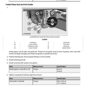 May include: Diagram of mechanical components with labels A through H. Includes torque specifications in lb-ft and N-m for rod guide and retaining pin installation. Text instructions detail the installation process.