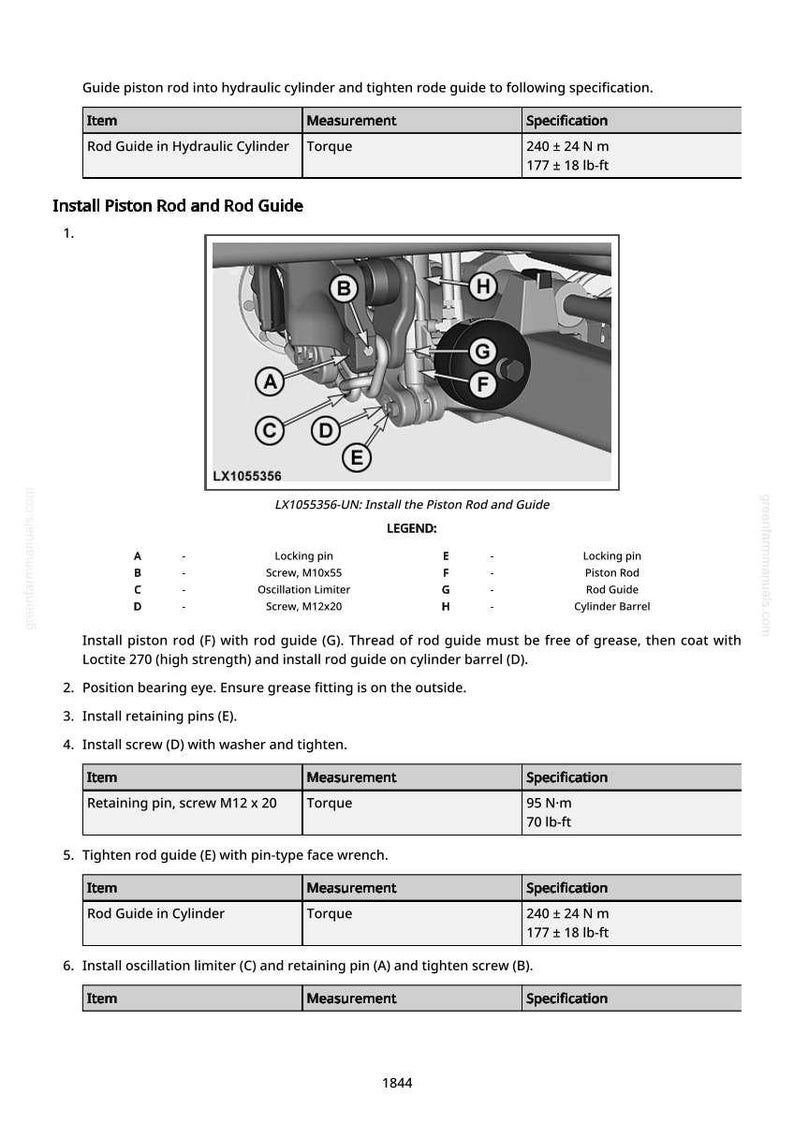 May include: Diagram of mechanical components with labels A through H. Includes torque specifications in lb-ft and N-m for rod guide and retaining pin installation. Text instructions detail the installation process.