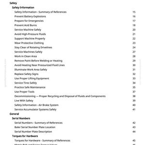 May include: A white page titled "Table of Contents" from a manual. The text lists safety topics like "Prevent Battery Explosions" and "Service Machine Safely", and general topics like "Serial Numbers".