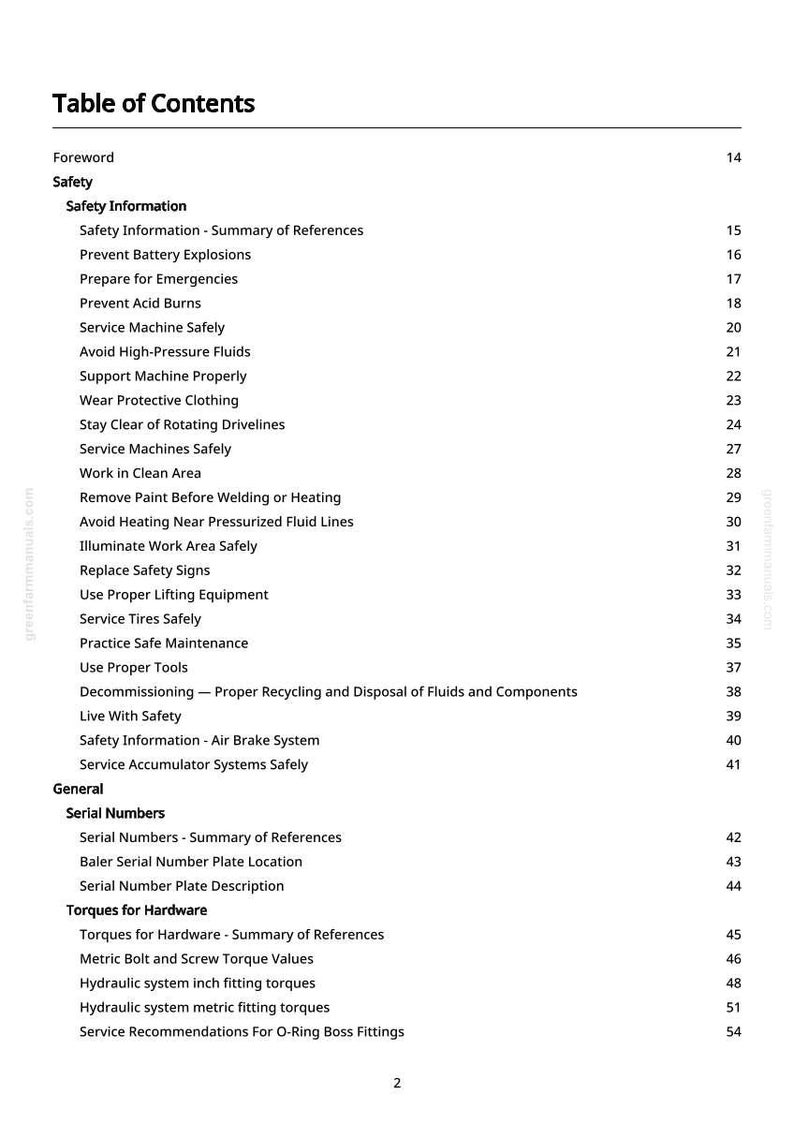 May include: A white page titled "Table of Contents" from a manual. The text lists safety topics like "Prevent Battery Explosions" and "Service Machine Safely", and general topics like "Serial Numbers".